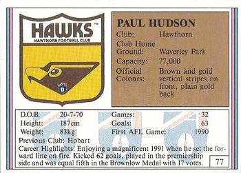 1992 AFL Regina #77 Paul Hudson Back